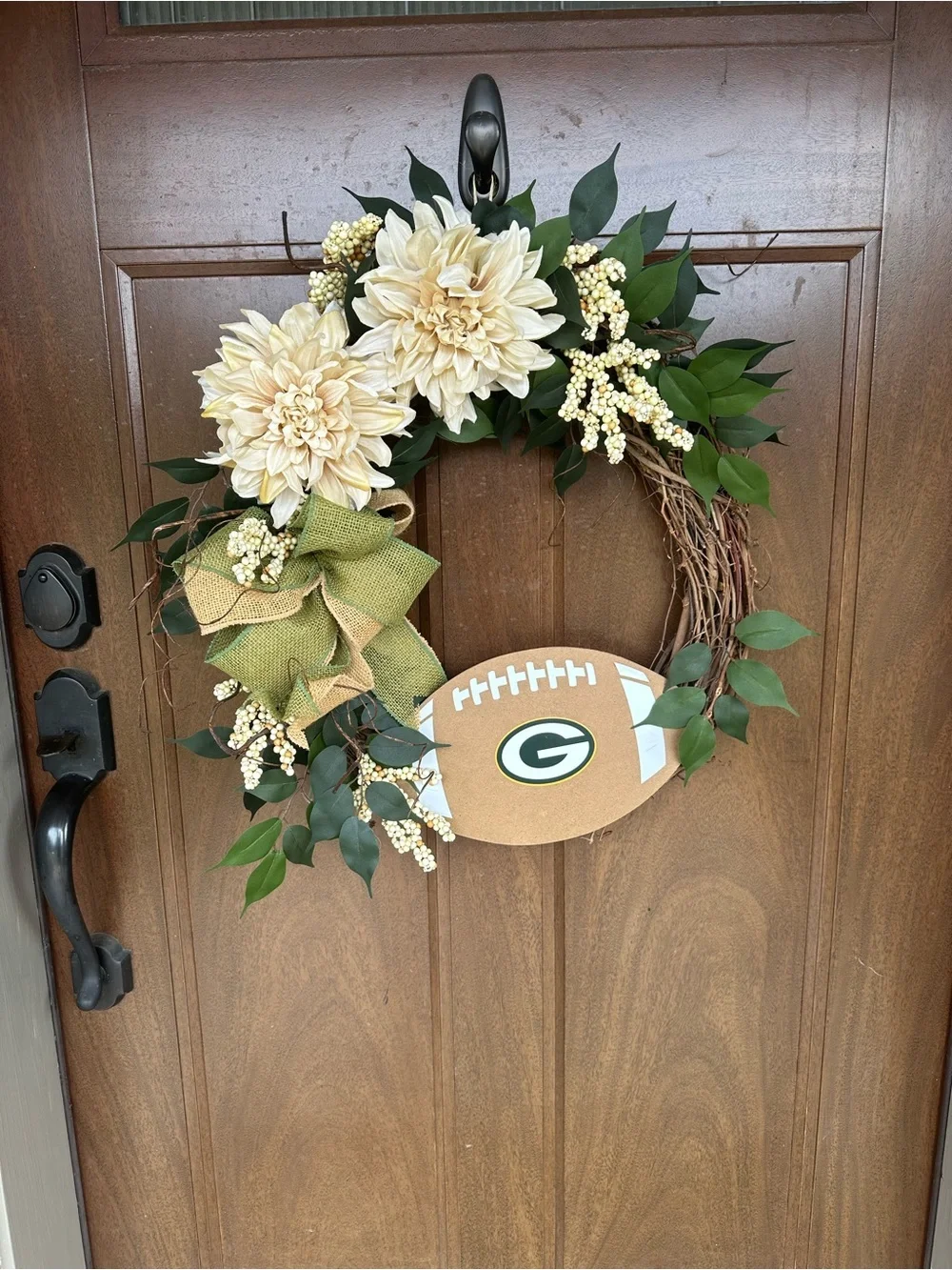Green Bay Packers Inspired Cream and Green Football Wreath FREE SHIPPING